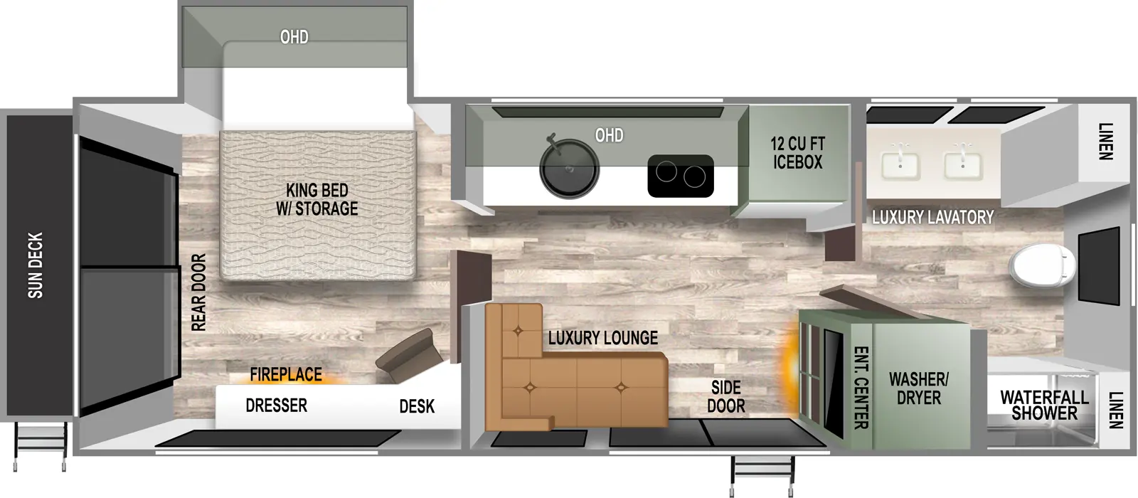 The RVS2 has one slideout and two entries. Interior layout front to back: full bathroom with linen closets, luxury lavatory with two sinks, waterfall shower, and washer/dryer; off-door side icebox, kitchen counter with cooktop, sink, and overhead cabinets; door side entertainment center, side door entry, and luxury lounge; rear bedroom with off-door side side-facing king bed slideout with storage and overhead cabinet, door side work area with desk, dresser and fireplace below, and rear door that leads to a sun deck with steps.
